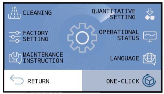 Tela de configurações: limpeza, quantidade, fábrica, status, manutenção, idioma