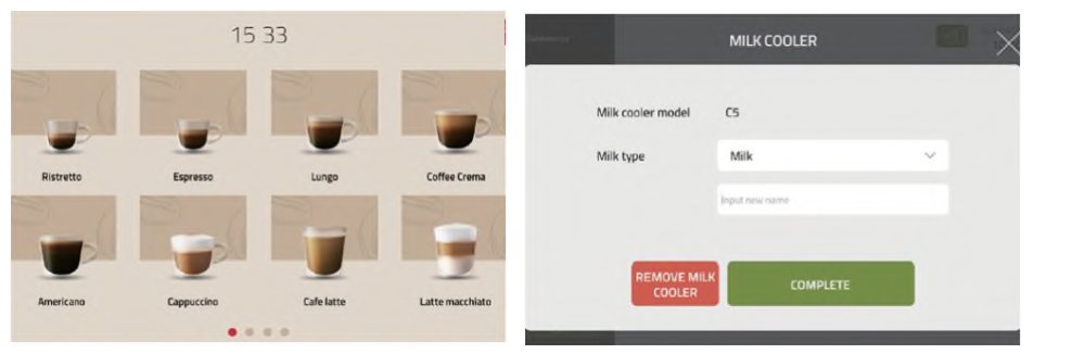 Tela da máquina de café com bebidas e configuração do resfriador de leite
