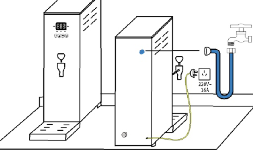 Esquema de instalação da IMPO 30 com entrada de água e tomada 220 V / 16 A